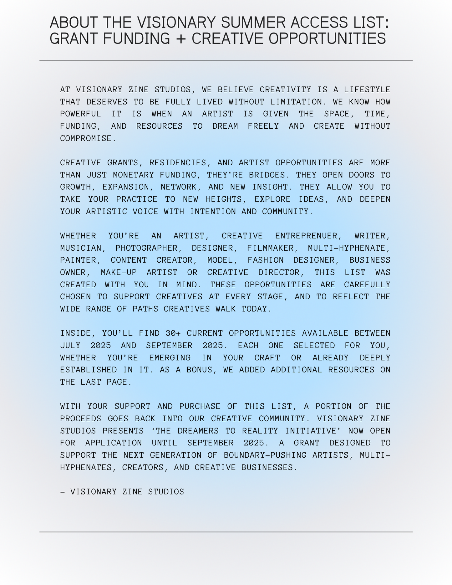 Visionary Zine Studios: Creative Grant + Residency Summer Access List Vol 2